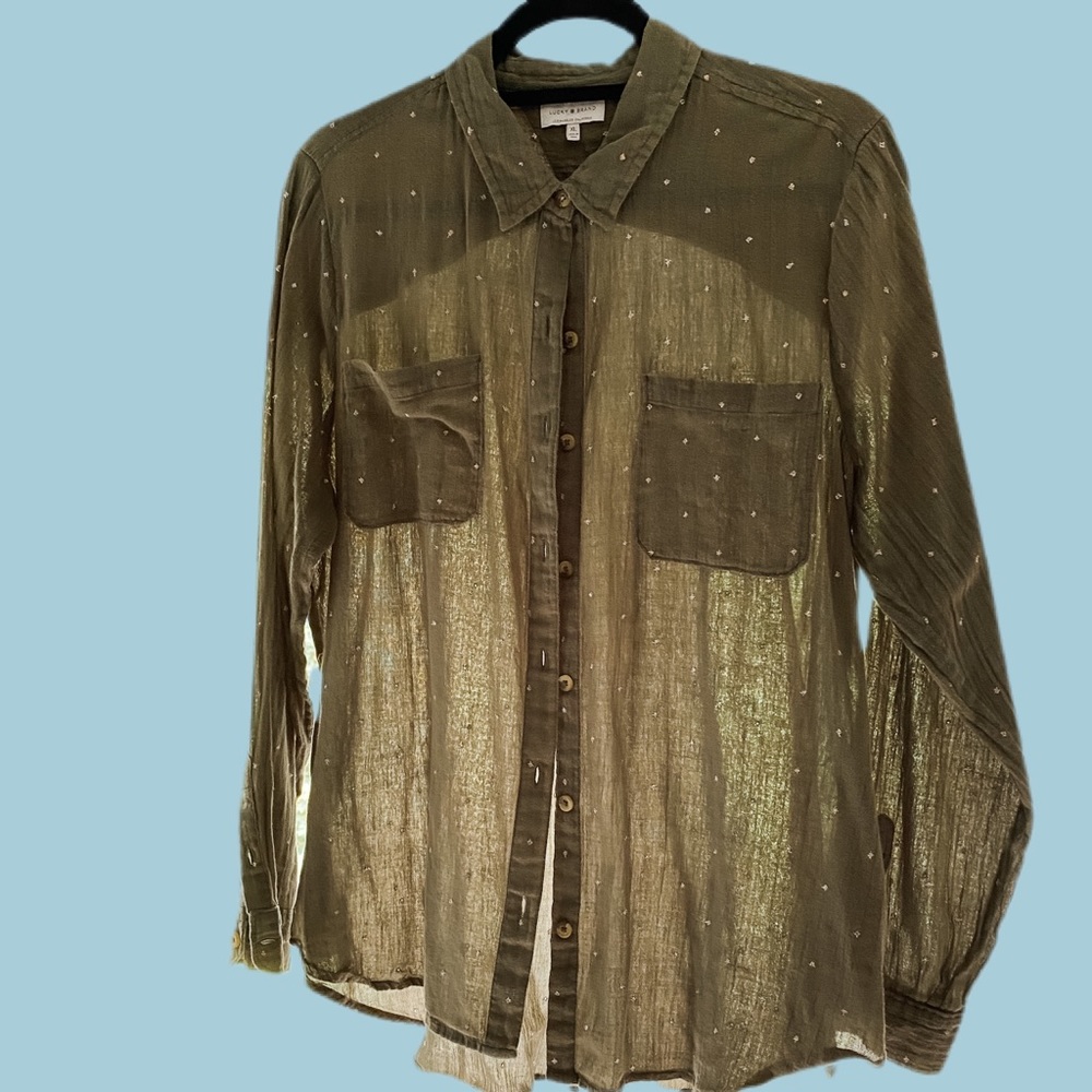 Lucky Brand Women’s Olive Button Down Shirt Sz XL